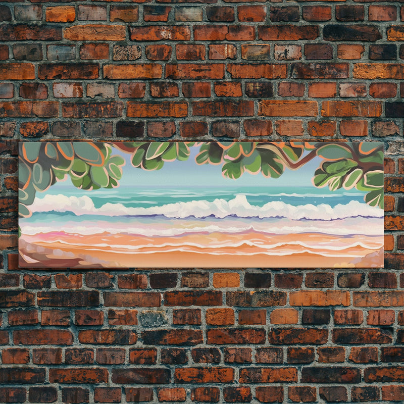 Beach Shore Art Canvas Print, Green Leaves, Canvas Beach Wall Art, Ocean Waves, Beach Sand Wall Art, Panoramic, Wall Art, Canvas Print