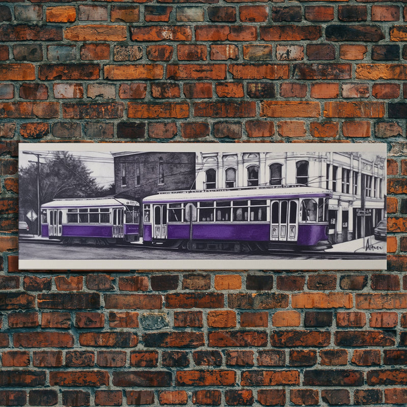 Purple Streetcar Art Print, Urban Art, Wall Decor, Color Pop, Wall Decor, Urban Framed Canvas Print, Panoramic, Wall Art, Canvas Print