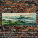 Watercolor Green Land Scape, Ready To Hang Canvas Print, Panoramic Art, Living Room Guest Room Art, Above Bed Landscape Art