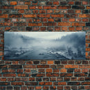 Panoramic Winter Scene Canvas Print, Winter Stream Drone Shot Bird's Eye View, Rustic Winter Centerpiece Wall Art, Panoramic Art