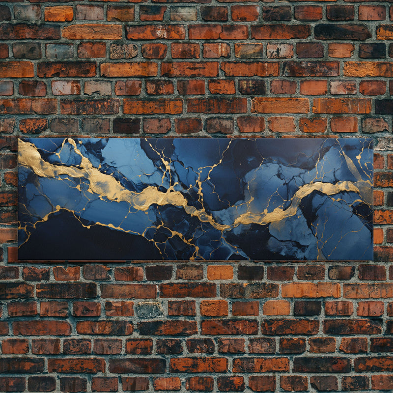 Black, Blue and Gold Marble Canvas Wall Art, Abstract Canvas Art, Panoramic Art, Large Wall Art, Marble Wall Decor, Large Canvas Modern Art