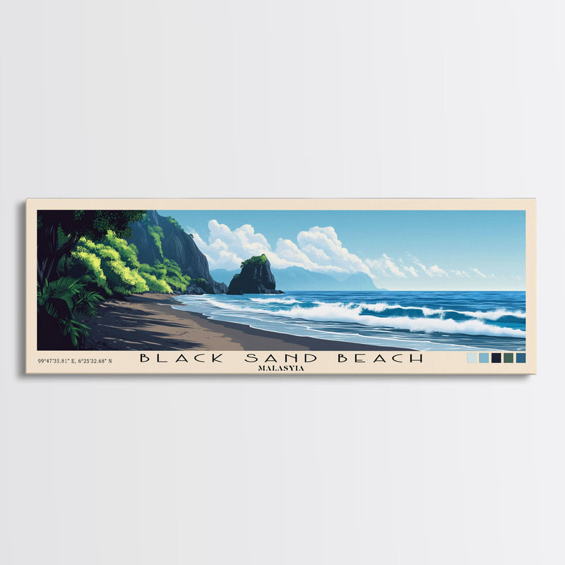 Black Sand Beach, Malasyia Panoramic Beach Print, Vacation Gift, Malasyia Wall Art, Framed Canvas Print, Framed Beach Painting