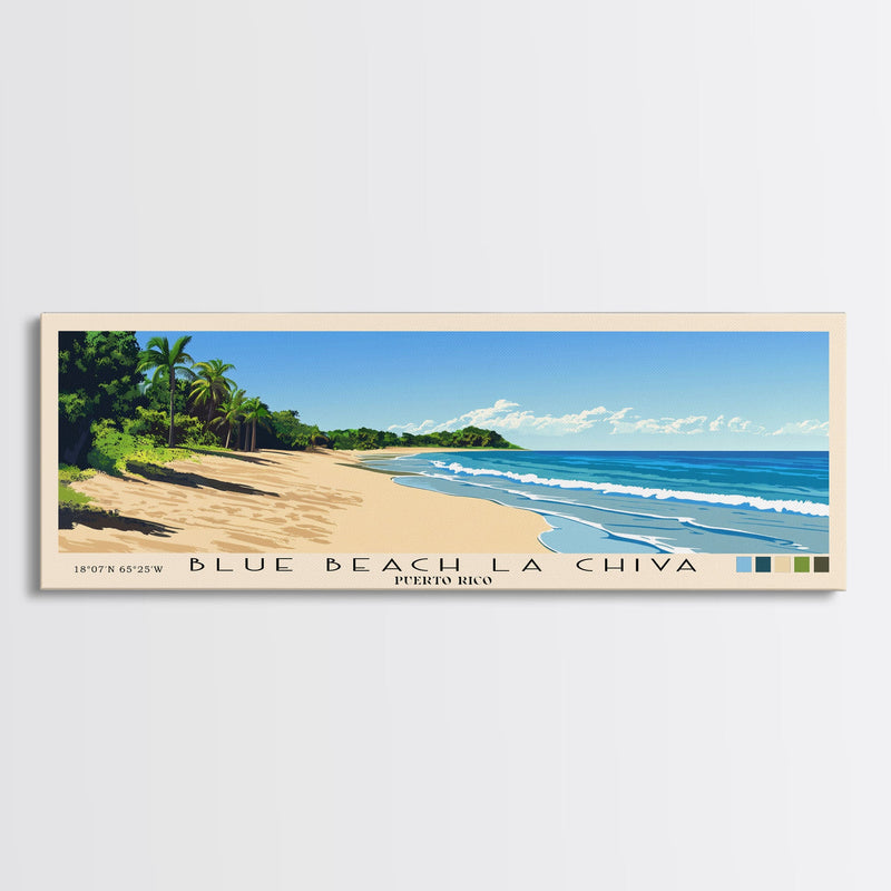 Blue Beach La Chiva, Puerto Rico Panoramic Beach Print, Vacation Gift, Puerto Rico Wall Art, Framed Canvas Print, Framed Beach Painting