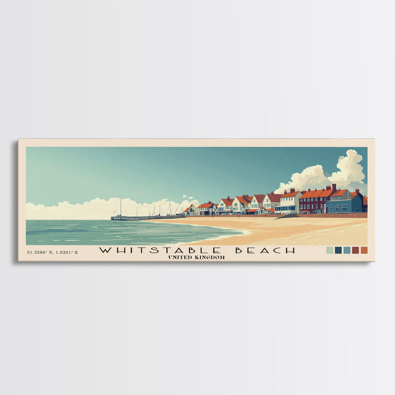 Whitstable beach, United Kingdom Panoramic Print, Vacation Gift, United Kingdom Wall Art, Beach Painting, Beach Decor, Large Wall Art, Wood Frame Art