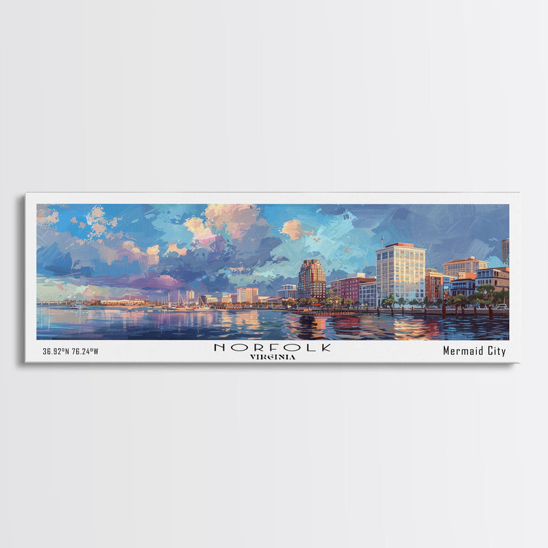 Norfolk Virginia Panoramic Framed Canvas Print, Cityscape Watercolor Painting, Modern Wall Art for Home Decor, Travel Poster, Urban Gift Idea
