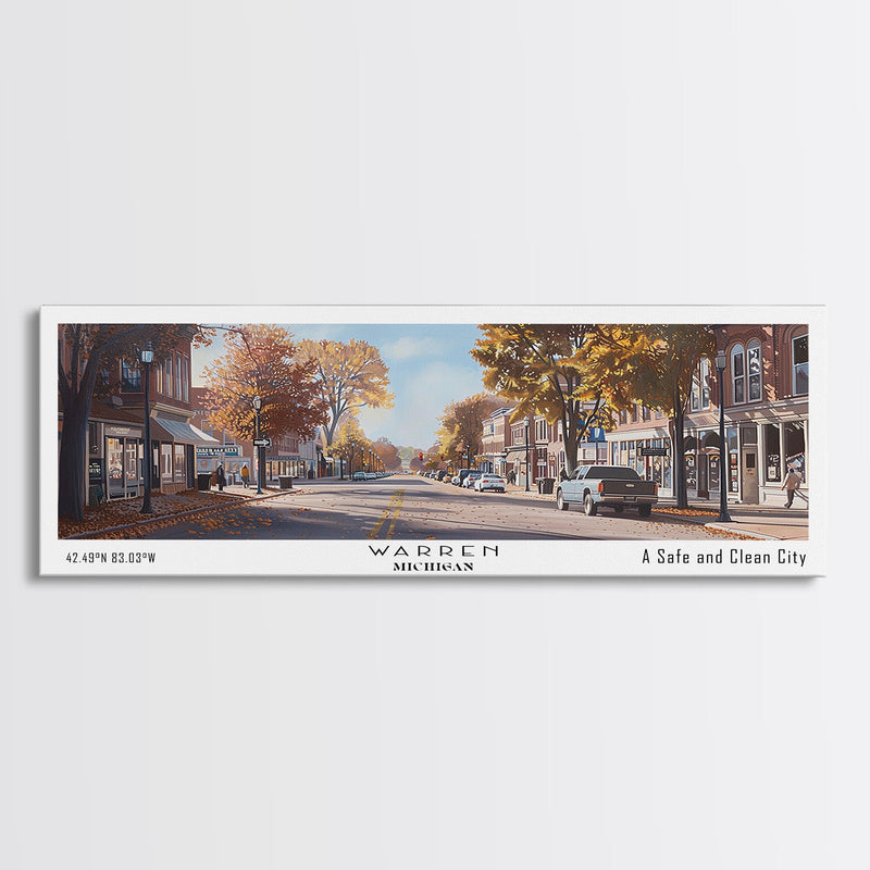 Warren Michigan Panoramic Painting, Framed Canvas Print, Retro Travel Poster, Artistic Wall Art, Unique Living Room Decor, Office Gift