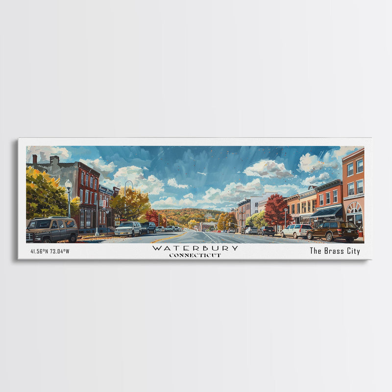 Waterbury Connecticut Panoramic Painting, Framed Canvas Print, Artistic Travel Poster, Retro Wall Art, Unique Office Decor, Living Room Gift