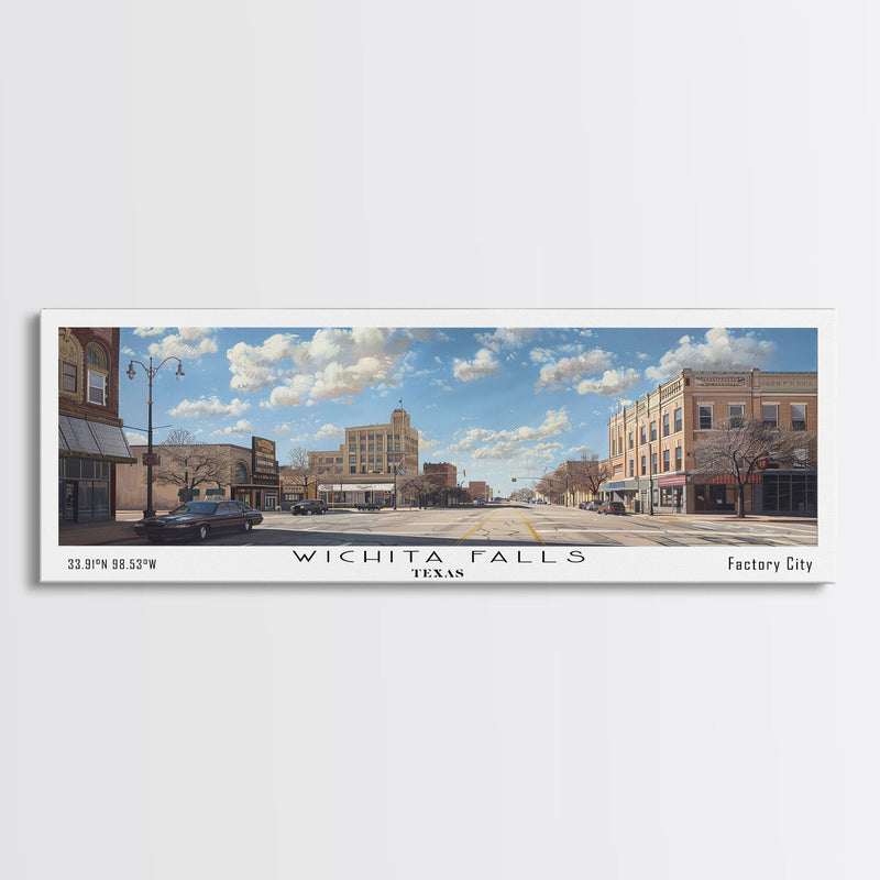 Wichita Falls Texas Panoramic Painting, Framed Canvas Print, Retro Style Travel Poster, Unique Home Decor, Artistic Office Wall Art