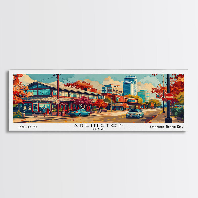 Arlington Texas Panoramic Painting Framed Canvas Print, Mid Century Modern Art, Pop Art Style, Travel Poster, Living Room Decor