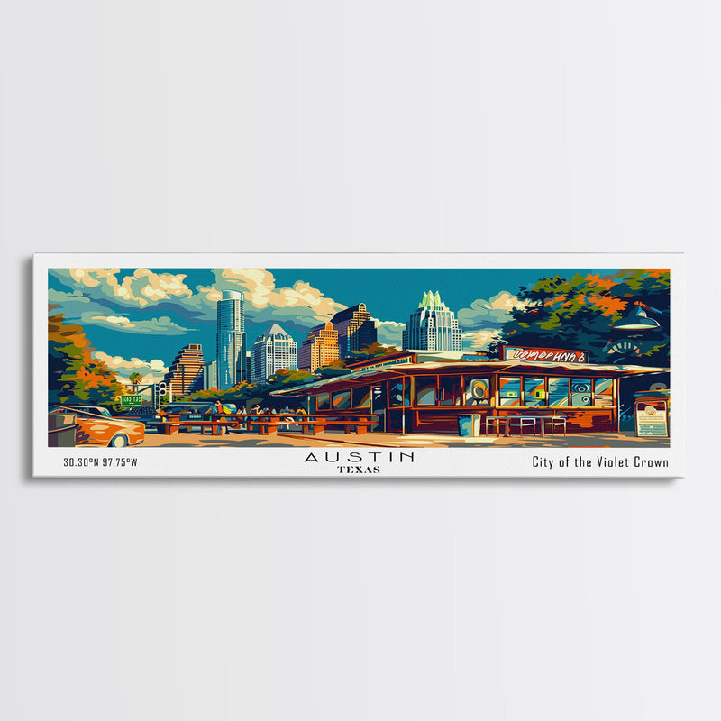 Austin Texas Panoramic Travel Poster Framed Canvas Print, Mid Century Modern Art, Pop Art Style, Wall Art Decor, Home Decoration