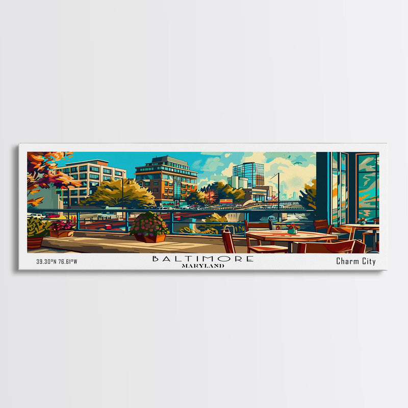 Baltimore Maryland Panoramic Wall Art Framed Canvas Print, Mid Century Modern Art, Pop Art Style, Travel Poster, Home Decor, Retro Style