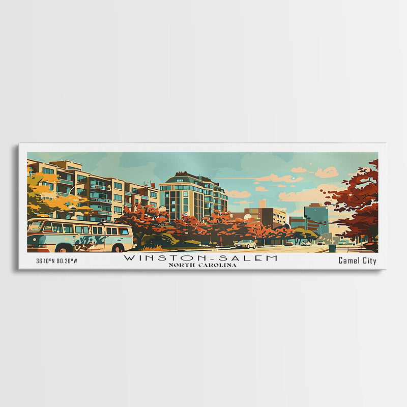 Winston-Salem North Carolina Panoramic Painting, Mid Century Modern Framed Canvas Print, Retro Pop Art Travel Poster, Living Room Wall Art Decor