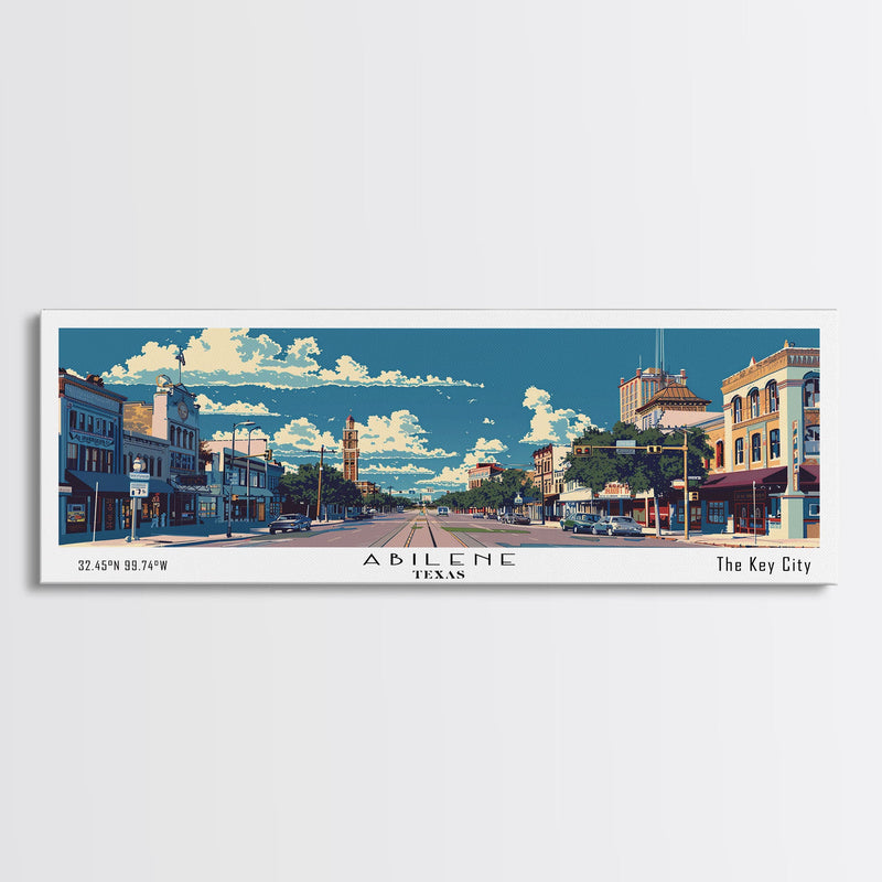 Abilene Texas Panoramic Painting, Mid Century Modern Framed Canvas Print, Retro Pop Art Travel Poster, Office Wall Art Decor, City Print