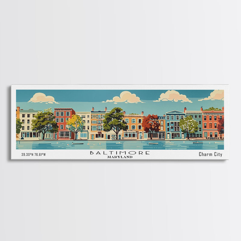 Baltimore Maryland Panoramic Painting, Mid Century Modern Framed Canvas Print, Retro Pop Art Travel Poster, Office Wall Art, City Print