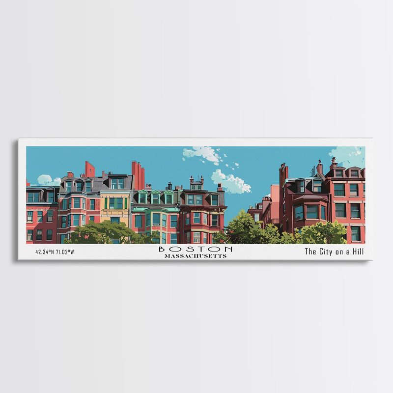 Boston Massachusetts Panoramic Painting, Mid Century Modern Framed Canvas Print, Retro Pop Art Travel Poster, Home Decor, City Art