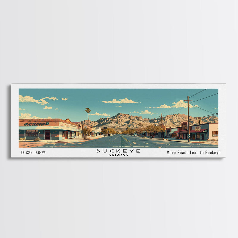 Buckeye Arizona Panoramic Painting, Mid Century Modern Framed Canvas Print, Retro Pop Art Travel Poster, Office Wall Art Decor, City Print