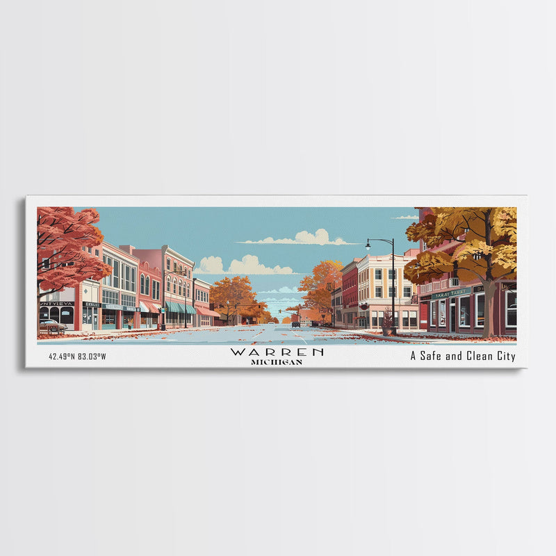 Warren Michigan Panoramic Painting, Mid Century Modern Framed Canvas Print, Retro Pop Art Travel Poster, Office Wall Art, Home Decoration