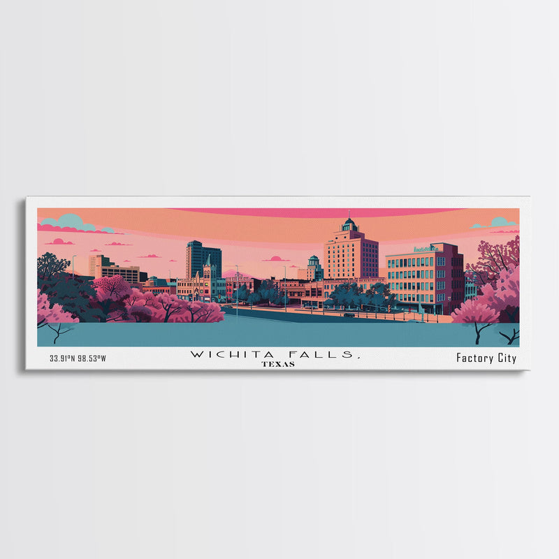 Wichita Falls Texas Panoramic Art, Mid Century Modern Framed Canvas Print, Retro Pop Art Travel Poster, City Print, Living Room Wall Decor