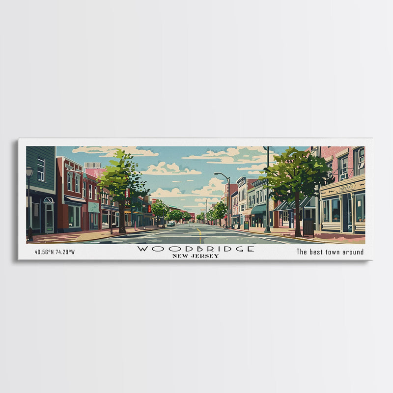 Woodbridge New Jersey Panoramic Painting, Mid Century Modern Framed Canvas Print, Retro Pop Art Travel Poster, Office Wall Art, Home Decoration