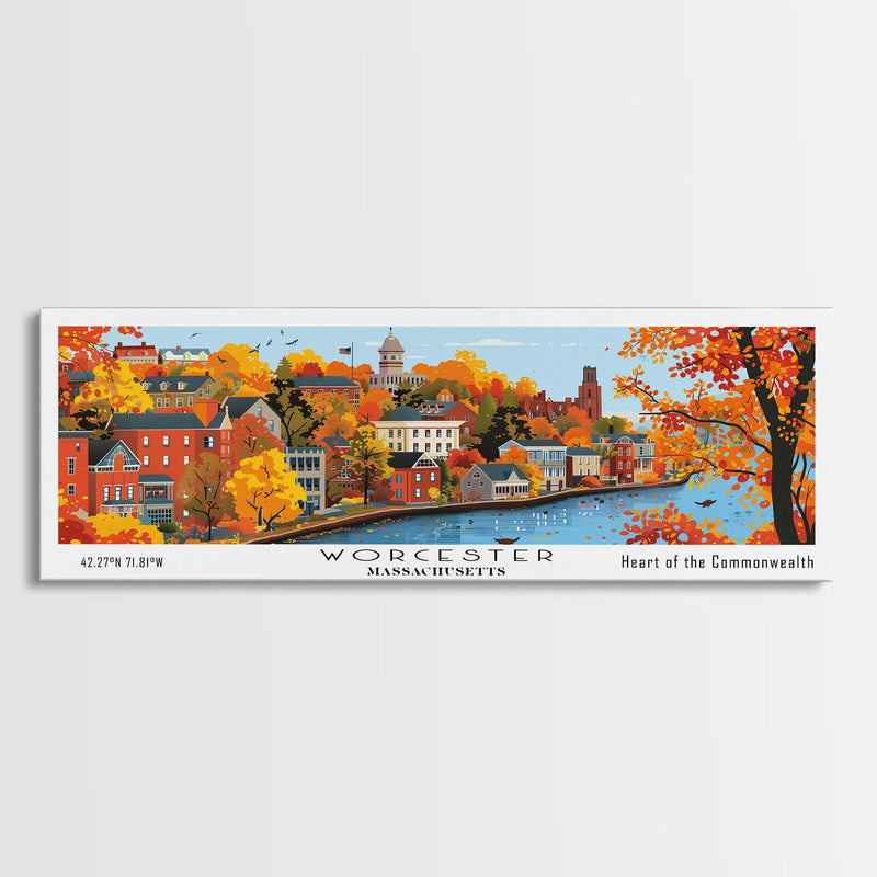 Worcester Massachusetts Panoramic Art, Mid Century Modern Framed Canvas Print, Retro Pop Art Travel Poster, City Print, Living Room Wall Decor