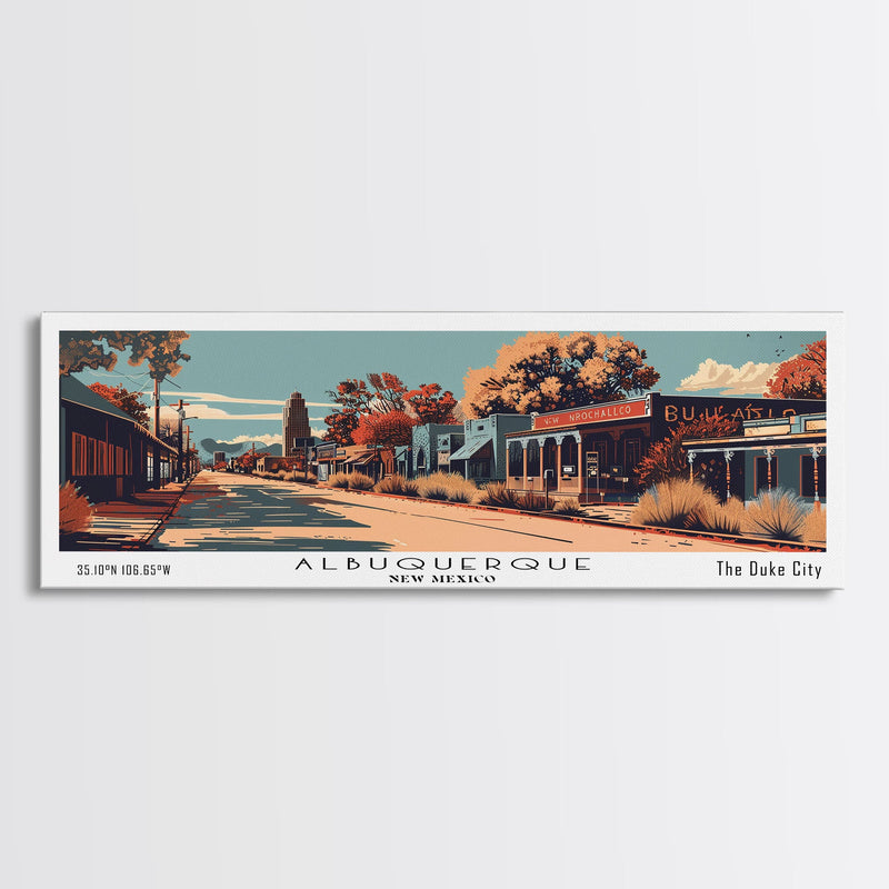 Albuquerque New Mexico Panoramic Painting, Framed Canvas Print, Mid Century Modern Wall Art, Retro Pop Art Travel Poster, Office Decor, City Art