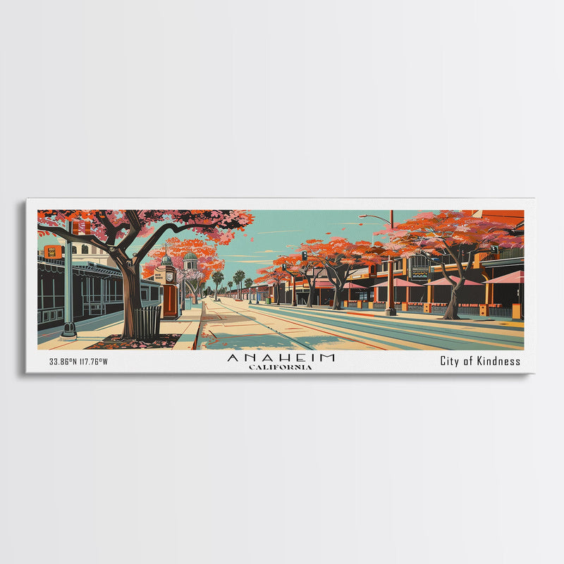 Anaheim California Panoramic Painting, Framed Canvas Print, Mid Century Modern Wall Art, Retro Pop Art Travel Poster, Office Decor, City Art