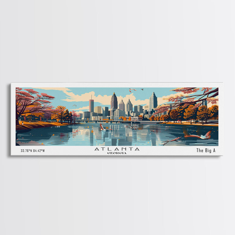 Atlanta Georgia Panoramic Painting, Framed Canvas Print, Mid Century Modern Wall Art, Retro Pop Art Travel Poster, Home Decor, City Art