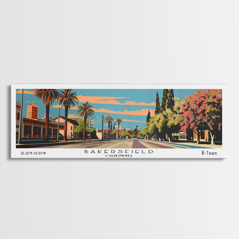 Bakersfield California Panoramic Painting, Framed Canvas Print, Mid Century Modern Wall Art, Retro Pop Art Travel Poster, Living Room Decor, City Art