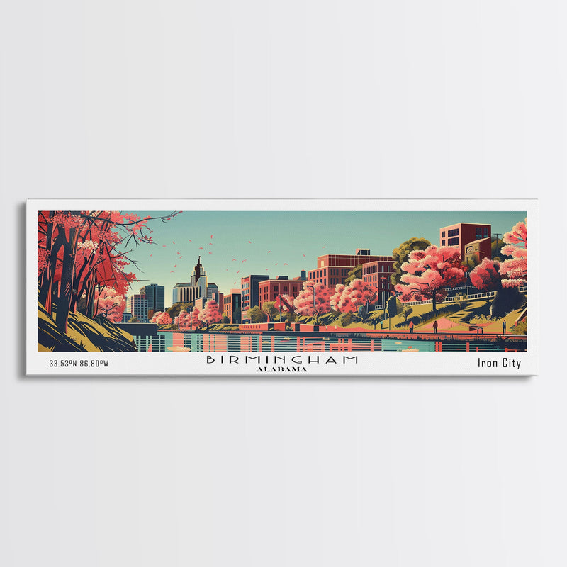 Birmingham Alabama Panoramic Painting, Framed Canvas Print, Mid Century Modern Wall Art, Retro Pop Art Travel Poster, Office Decor, City Art