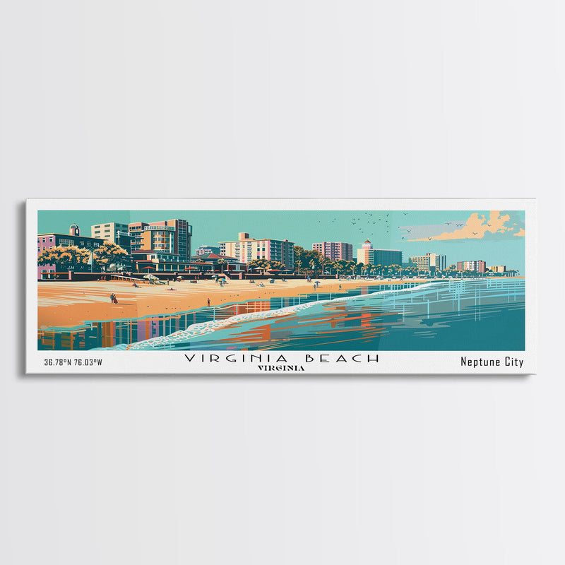 Virginia Beach Virginia Panoramic Wall Art, Mid Century Modern Framed Canvas Print, Retro Pop Art Travel Poster, Beach City Art, Home Office Decor