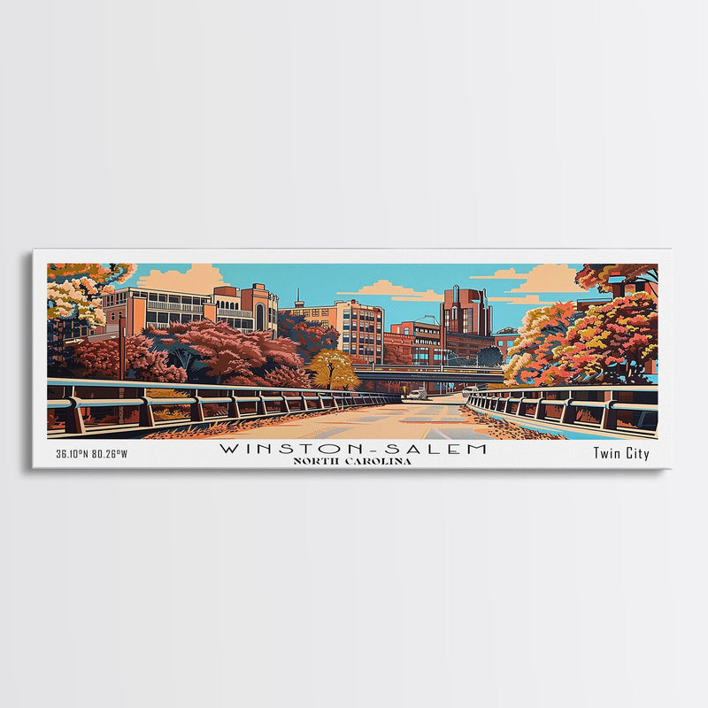 Winston-Salem North Carolina Panoramic Wall Art, Mid Century Modern Framed Canvas Print, Retro Pop Art Travel Poster, Cityscape Decor, Office Wall Art