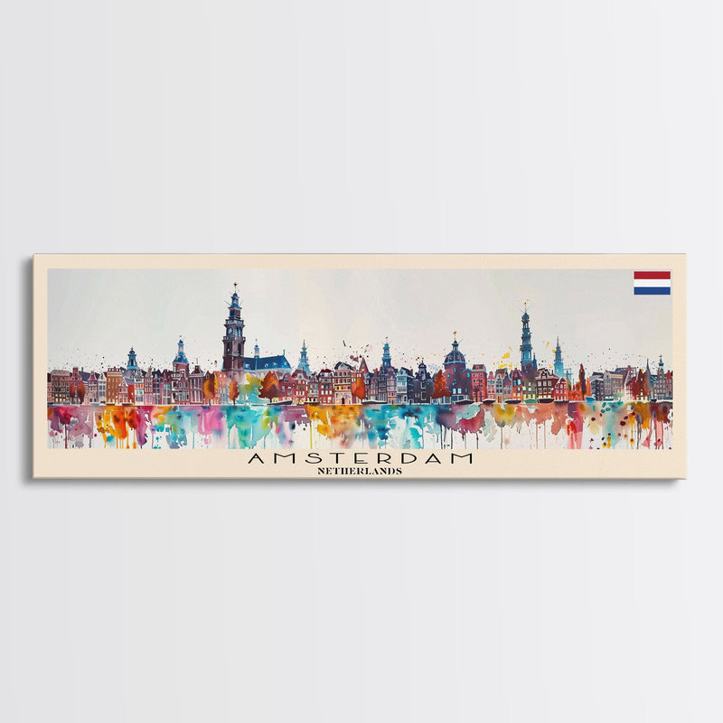 Amsterdam Netherlands Travel Art, City Art, Framed Canvas Print or Metal Wall Art, Europe Travel Poster, Panoramic Wall Art, Extra Wide Wall Art