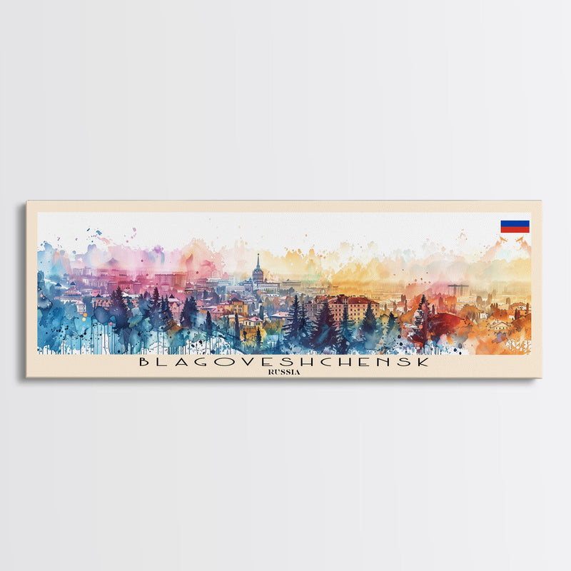 Blagoveshchensk Russia Travel Art, City Art, Framed Canvas Print or Metal Wall Art, Europe Travel Poster, Panoramic Wall Art, Extra Wide Wall Art