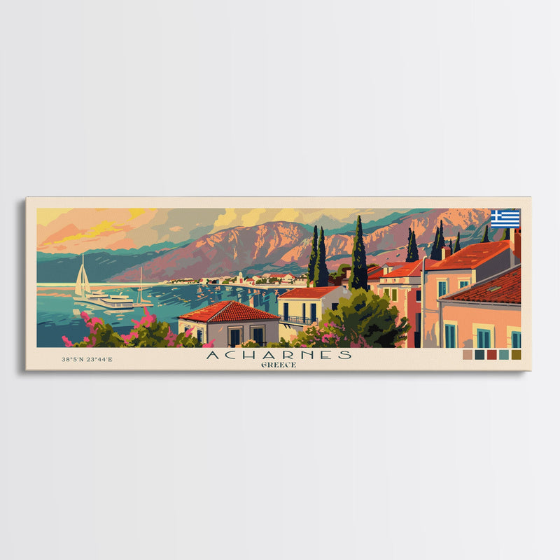 Acharnes Greece Travel Print Wall Art, Panoramic City Art, Travel Art, Wall Decor, Vacation Gift, Framed Canvas Print Or Metal Art