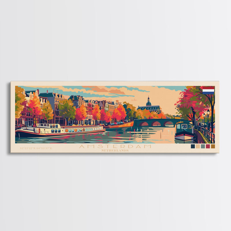 Amsterdam Netherlands Travel Art, City Art, Framed Canvas Print or Metal Wall Art, Europe Travel Poster, Panoramic Wall Art, Extra Wide Wall Art