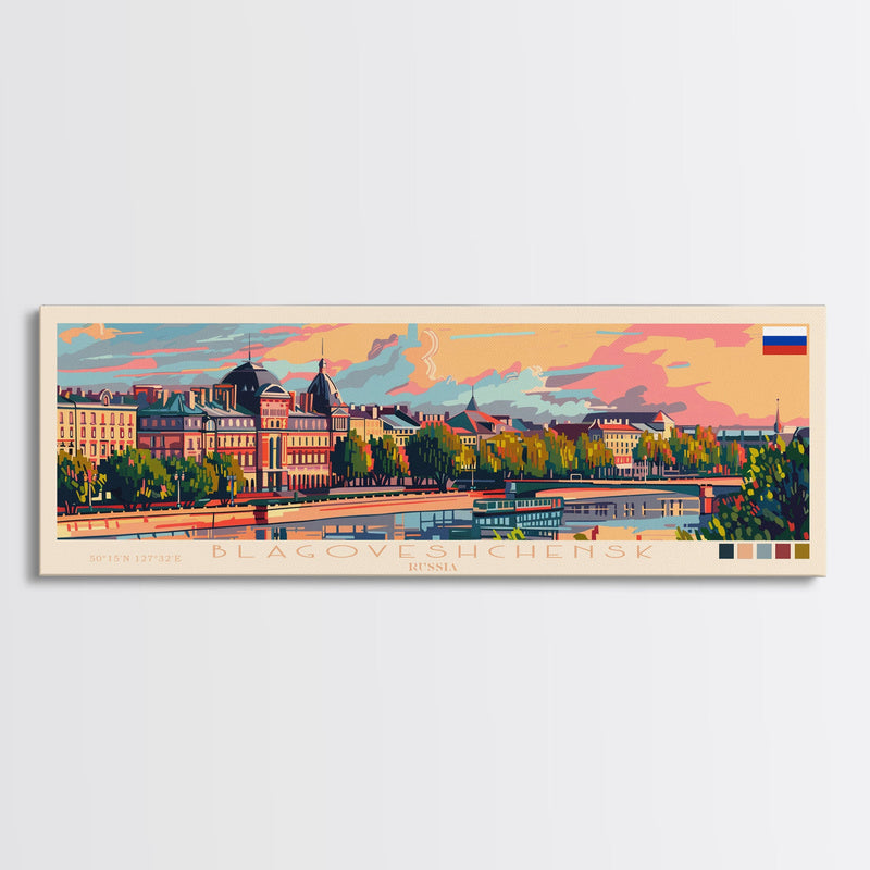 Blagoveshchensk Russia Travel Art, City Art, Framed Canvas Print or Metal Wall Art, Europe Travel Poster, Panoramic Wall Art, Extra Wide Wall Art