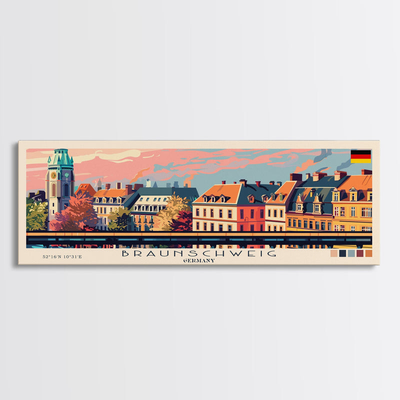 Braunschweig Germany Travel Art, City Art, Framed Canvas Print or Metal Wall Art, Europe Travel Poster, Panoramic Wall Art, Extra Wide Wall Art