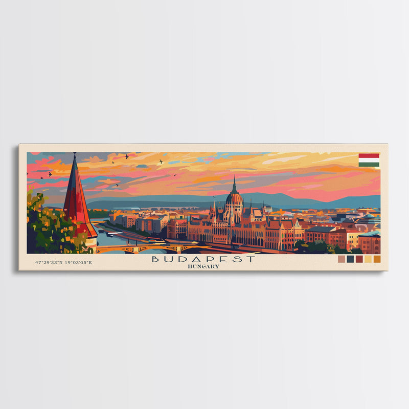 Budapest Hungary Travel Art, City Art, Framed Canvas Print or Metal Wall Art, Europe Travel Poster, Panoramic Wall Art, Extra Wide Wall Art