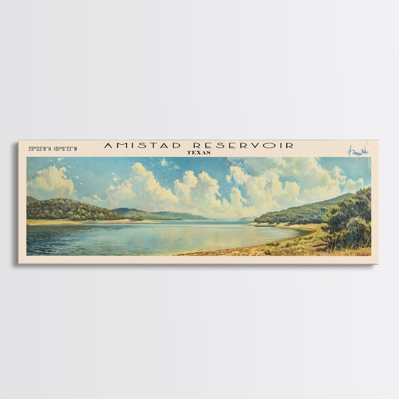 Amistad Reservoir Texas Panoramic Framed Canvas Print, Lake House Decor, Modern Art, Travel Poster, Scenic View, Water Reflection