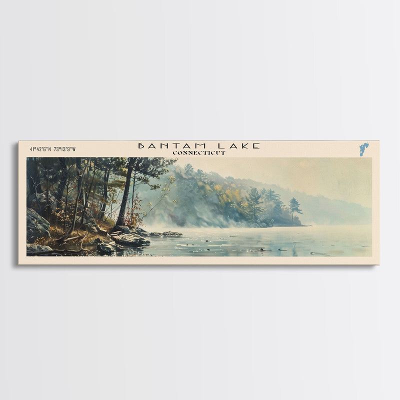 Bantam Lake Connecticut Lake House Art, Framed Canvas Print, Panoramic Travel Poster, Scenic View, Modern Decor, Water Reflection