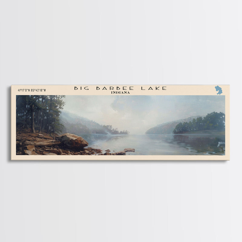 Big Barbee Lake Indiana Framed Canvas Print, Panoramic Lake House Art, Scenic Painting, Travel Poster, Rustic Decor, Nature Scene