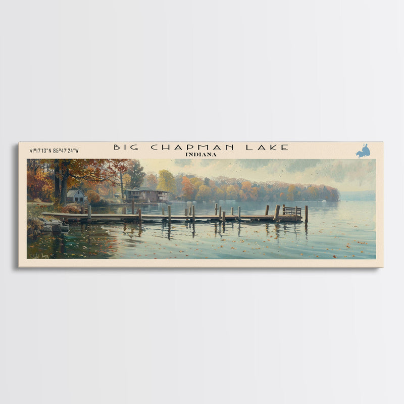 Big Chapman Lake Indiana Framed Canvas Print, Panoramic Lake House Art, Scenic Painting, Travel Poster, Rustic Art, Water Reflection