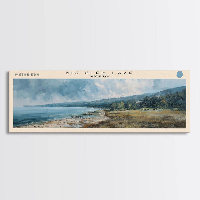 Big Glen Lake Michigan Framed Canvas Print, Lake House Decor, Panoramic Scenic View, Travel Poster, Rustic Art, Lake Painting