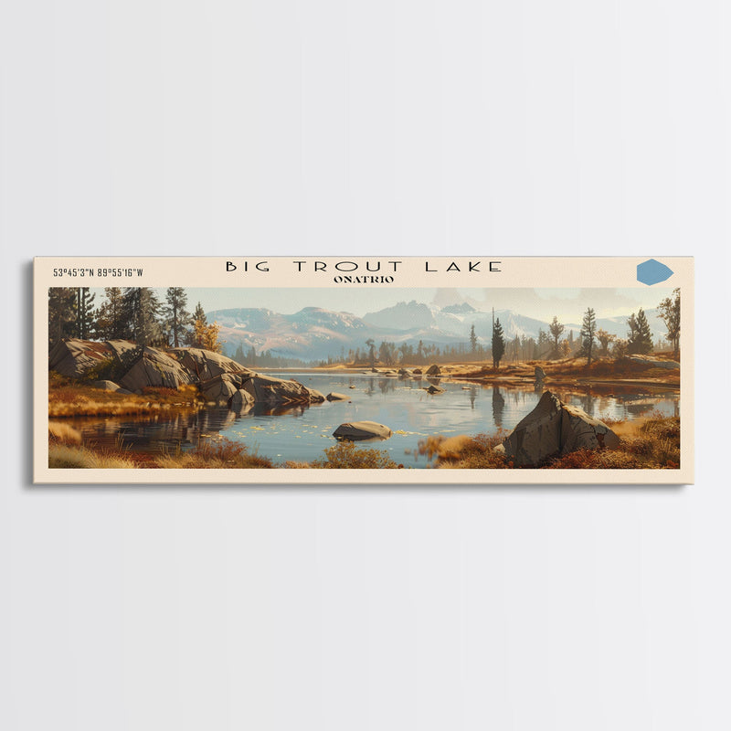 Big Trout Lake Framed Canvas Print, Lake House Art, Panoramic Scenic View, Travel Poster, Minimalist Wall Art, Lake Painting