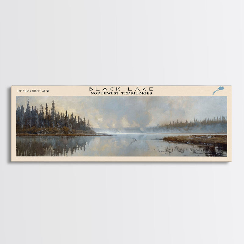 Black Lake Canada Northwest Territories Framed Canvas Print, Panoramic Lake House Art, Scenic View, Travel Poster, Lake Painting