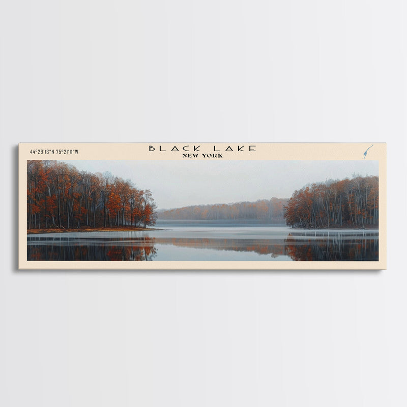 Black Lake New York Framed Canvas Print, Lake House Decor, Panoramic Scenic View, Travel Poster, Modern Art, Lake Painting