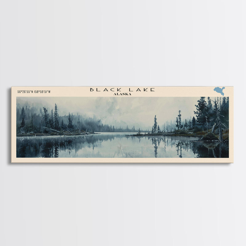 Black Lake USA SW Alaska Framed Canvas Print, Lake House Art, Panoramic Scenic View, Travel Poster, Rustic Art, Lake Painting