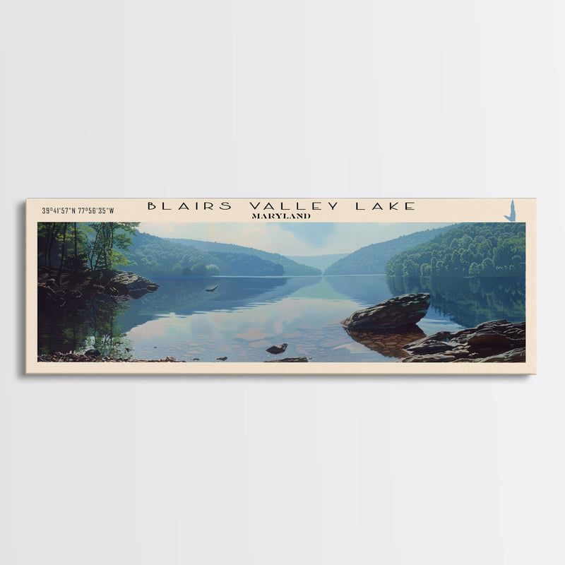 Blairs Valley Lake Maryland Framed Canvas Print, Panoramic Lake House Decor, Scenic View, Travel Poster, Rustic Art, Lake Painting