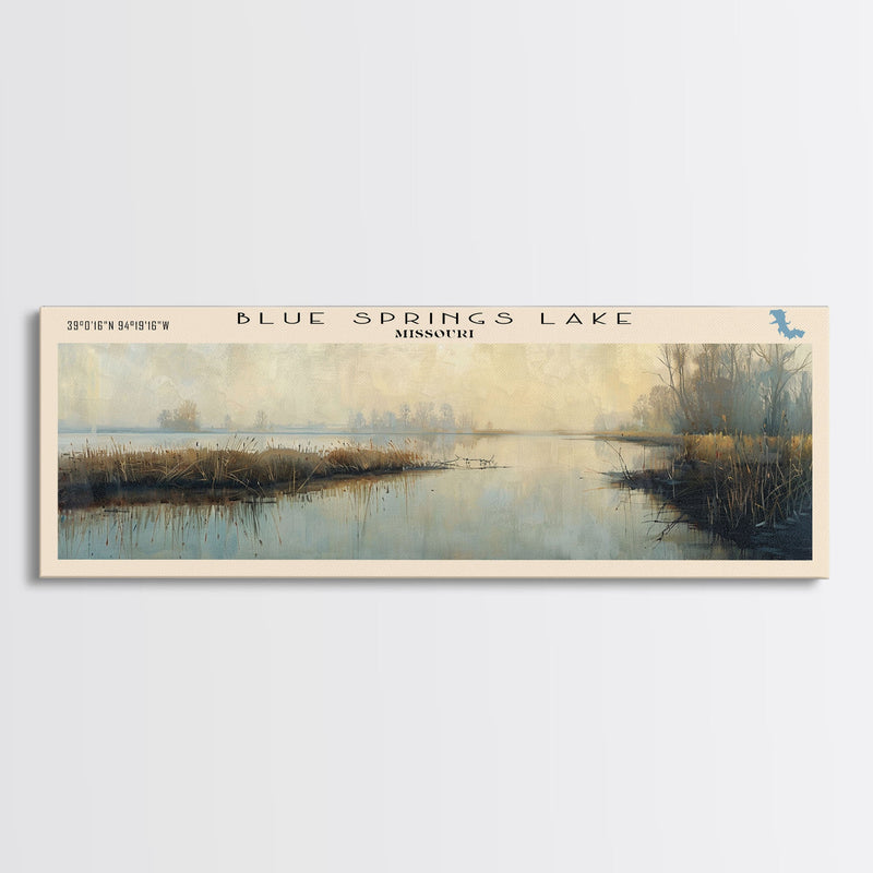 Blue Springs Lake Missouri Framed Canvas Print, Lake House Art, Panoramic Scenic View, Travel Poster, Minimalist Art, Lake Painting