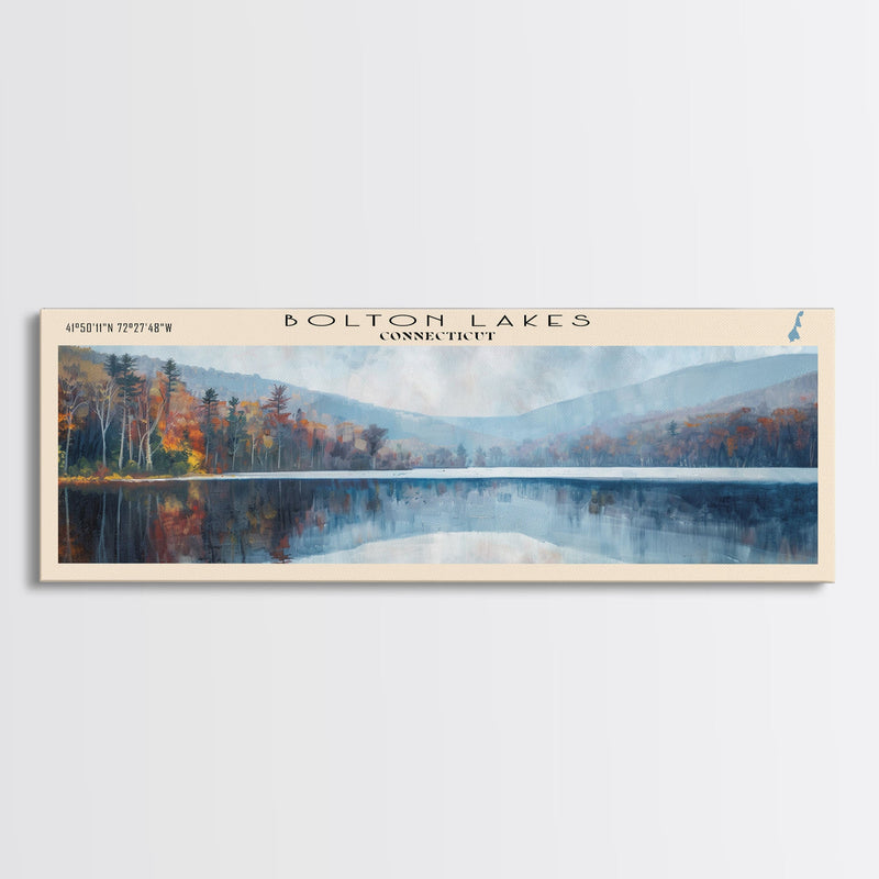 Bolton Lakes Connecticut Framed Canvas Print, Panoramic Lake House Art, Scenic View, Travel Poster, Modern Art, Lake Painting